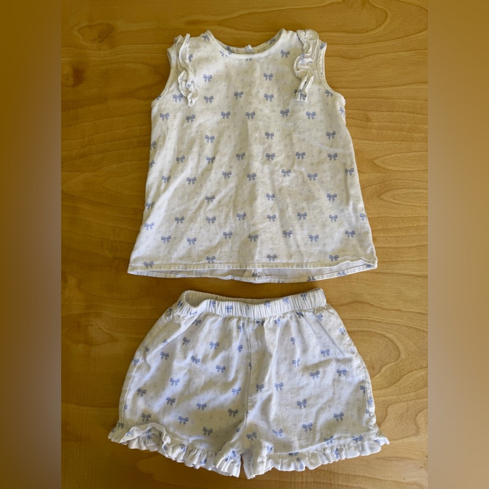 Girls White & Light Blue Bow Print Matching Tank Top and Shorts Set
